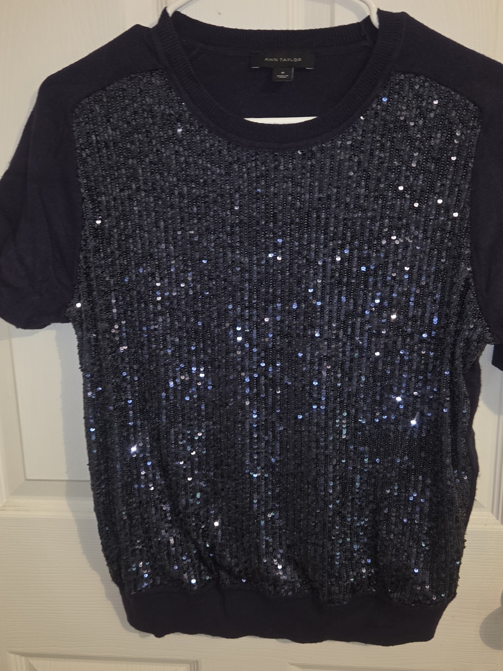 Ann Taylor Navy Sequin Short-Sleeve Sweater Top